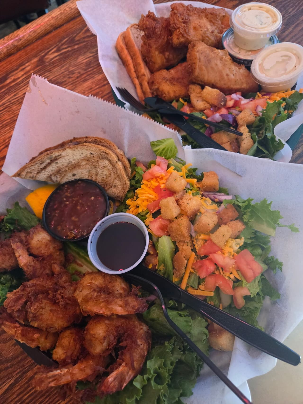 Friday fish fry: coconut shrimp and battered fish with rye bread