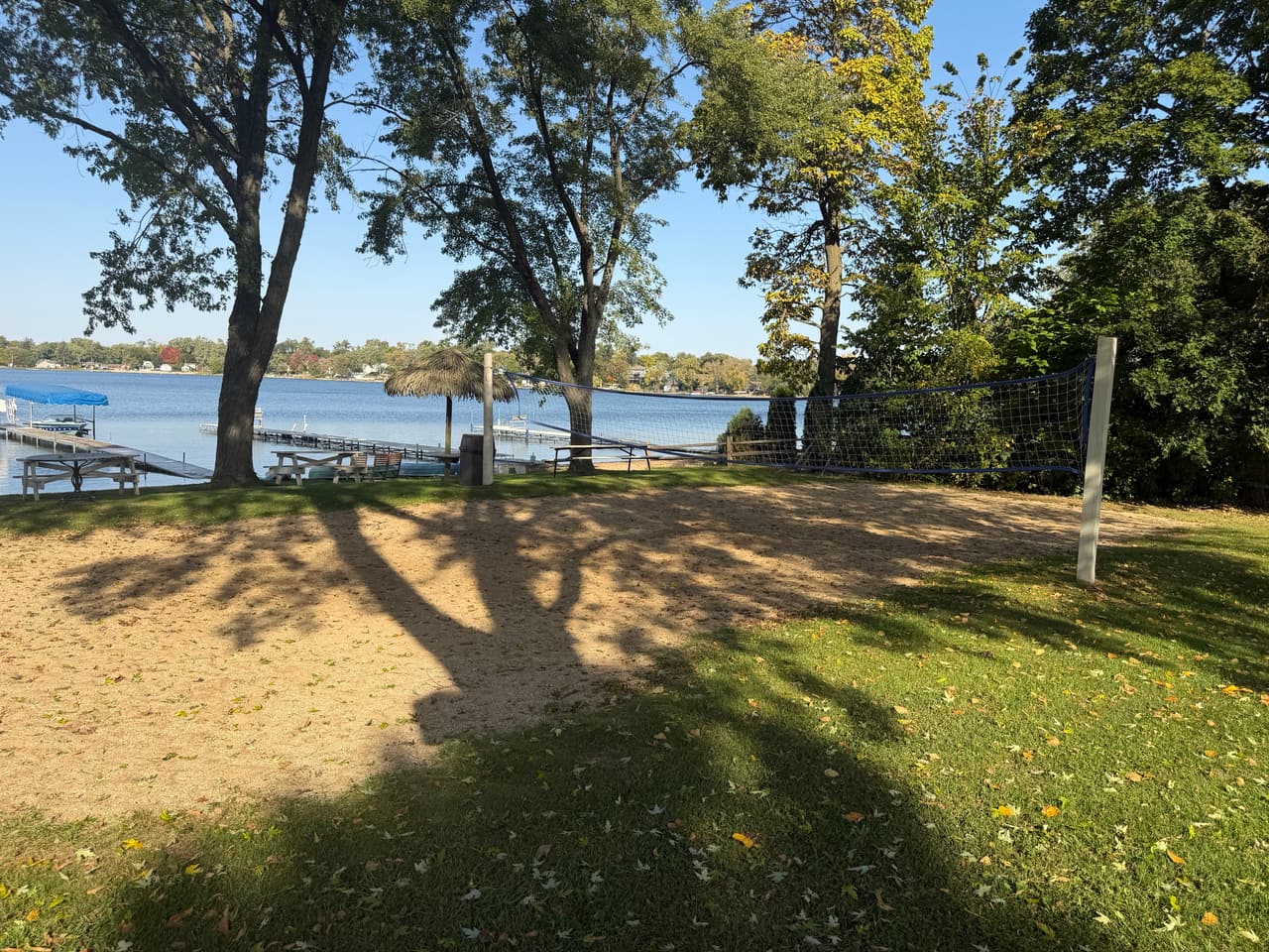 Shady sand under the trees by the lake